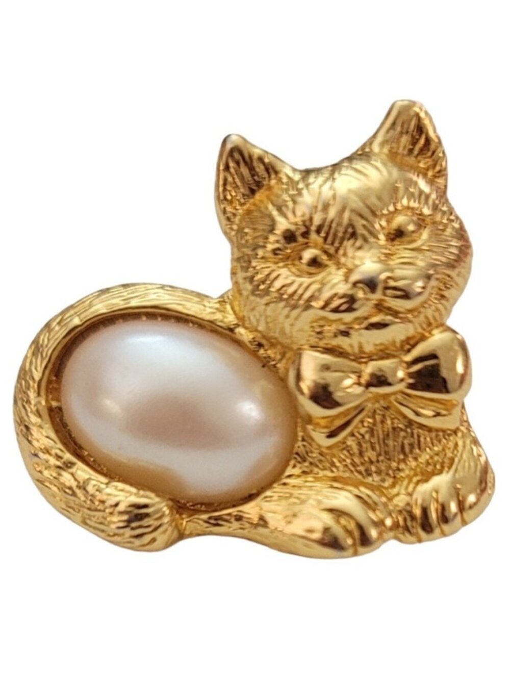 Avon Gold Tone Faux Pearl Cat Kittens Lapel Scatter Pin, Signed K863
